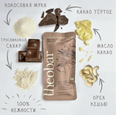 Шоколадный батончик на основе кокоса, Молочный, Theobar, 30 г