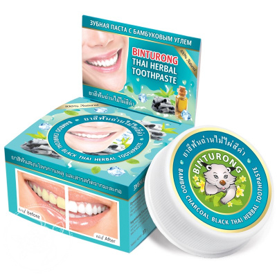 Черная зубная паста с углем бамбука, Бинтуронг (Bamboo Charcoal Black Thai Herbal Toothpaste, Binturong), 33г