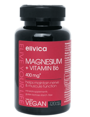 БАД Магний и Витамин В6, (Magnesium with Vitamin B6), Elivica, 250 мл, 120 капс
