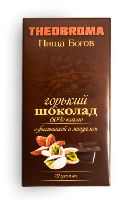 Горький шоколад 60% с Фисташкой и миндалем, Пища Богов, 72 г