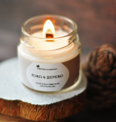 Ароматическая свеча из кокосового воска с деревянным фитилем, Ветивер, лимон, бергамот, GreenCardamon, 100 мл